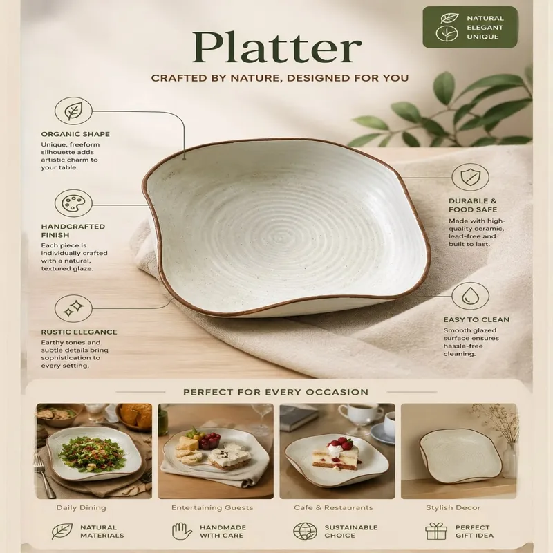 White ceramic platter shown empty on a table with a free-form shape and brown rim.