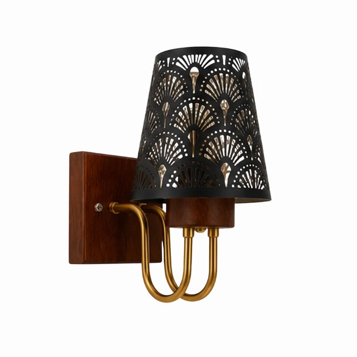 Unlit black metal wall lamp with patterned shade, wood mount and gold-toned arms.