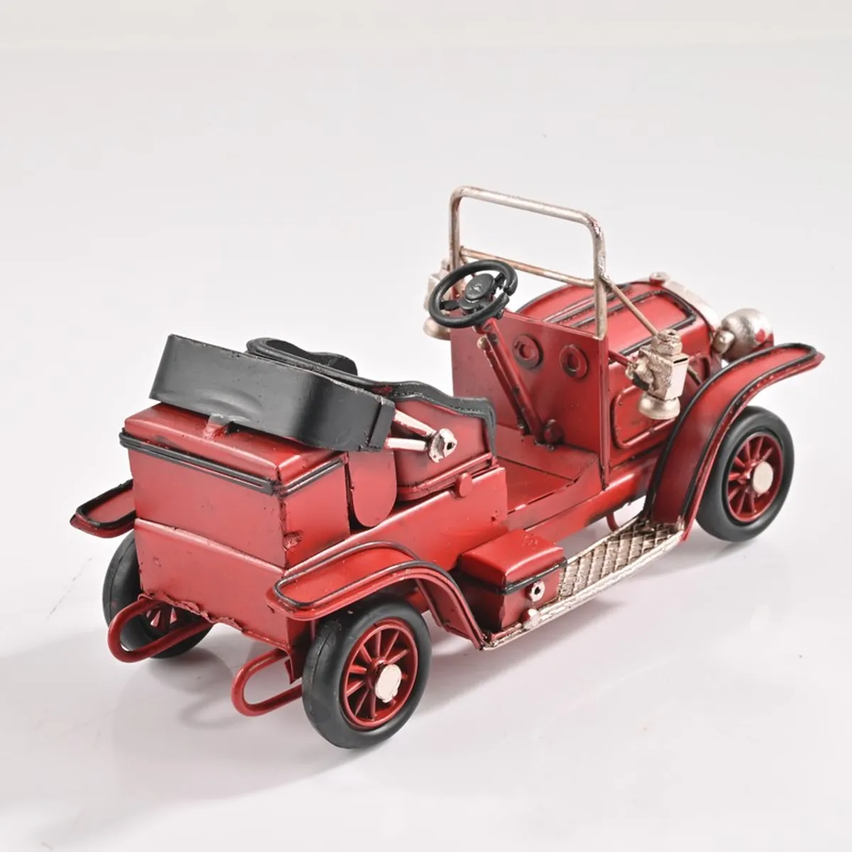 Rear angled view of the red vintage car decorative showpiece