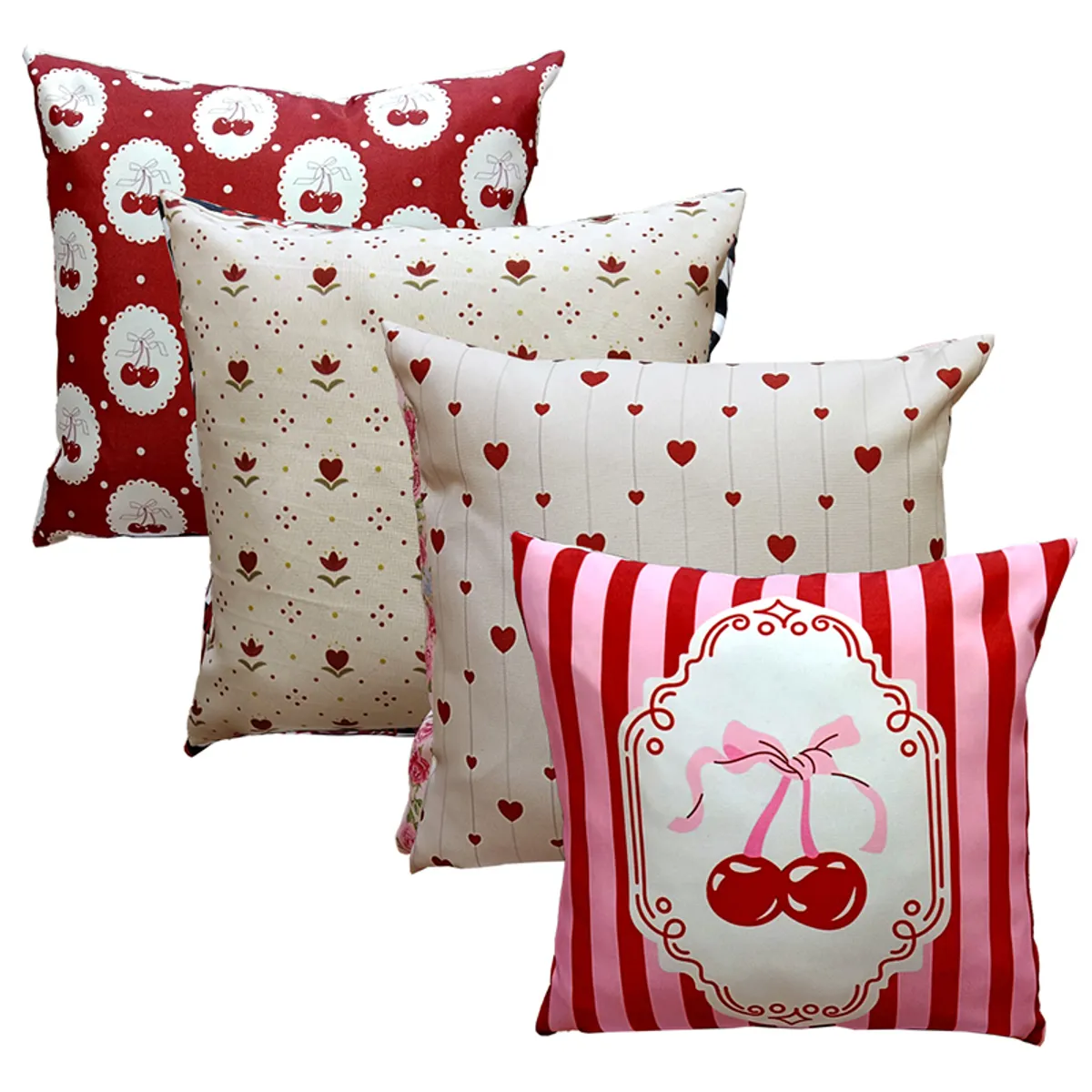 Four square cushion covers with cherry, heart, floral and striped prints