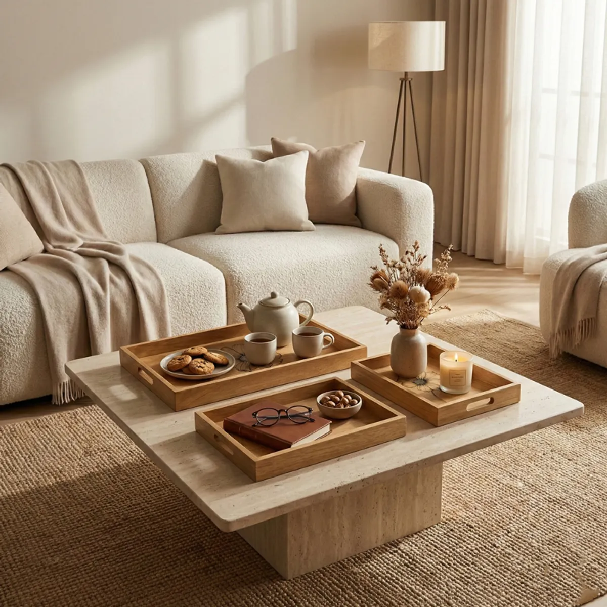 Three wooden floral serving trays styled with tea, snacks and decor in a living room