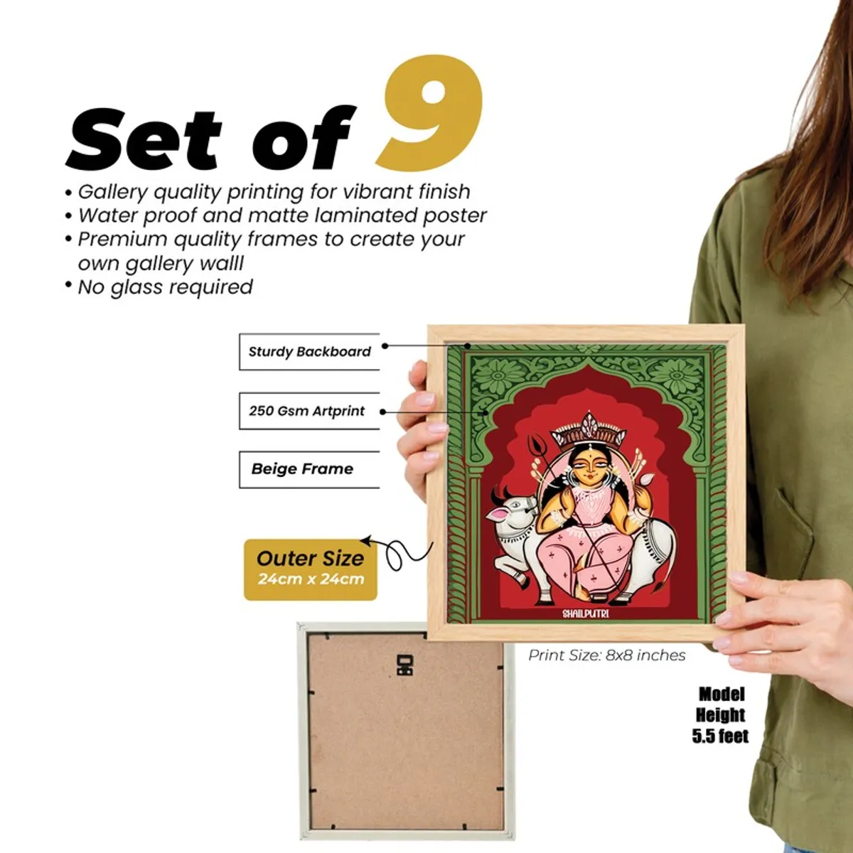 Framed Durga artwork shown with product construction and size information