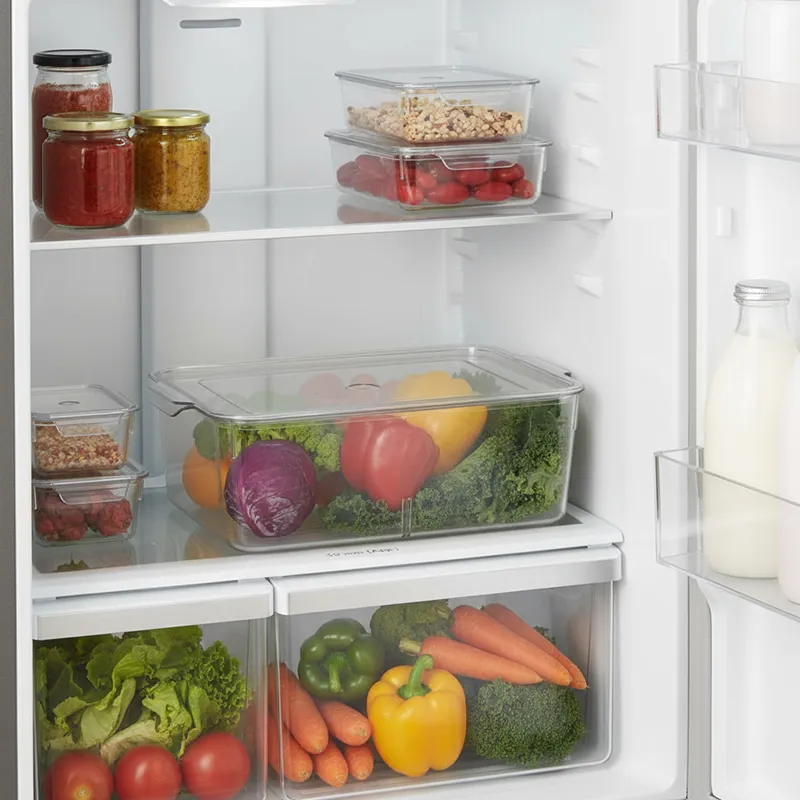 Clear fridge organiser storing vegetables on a refrigerator shelf