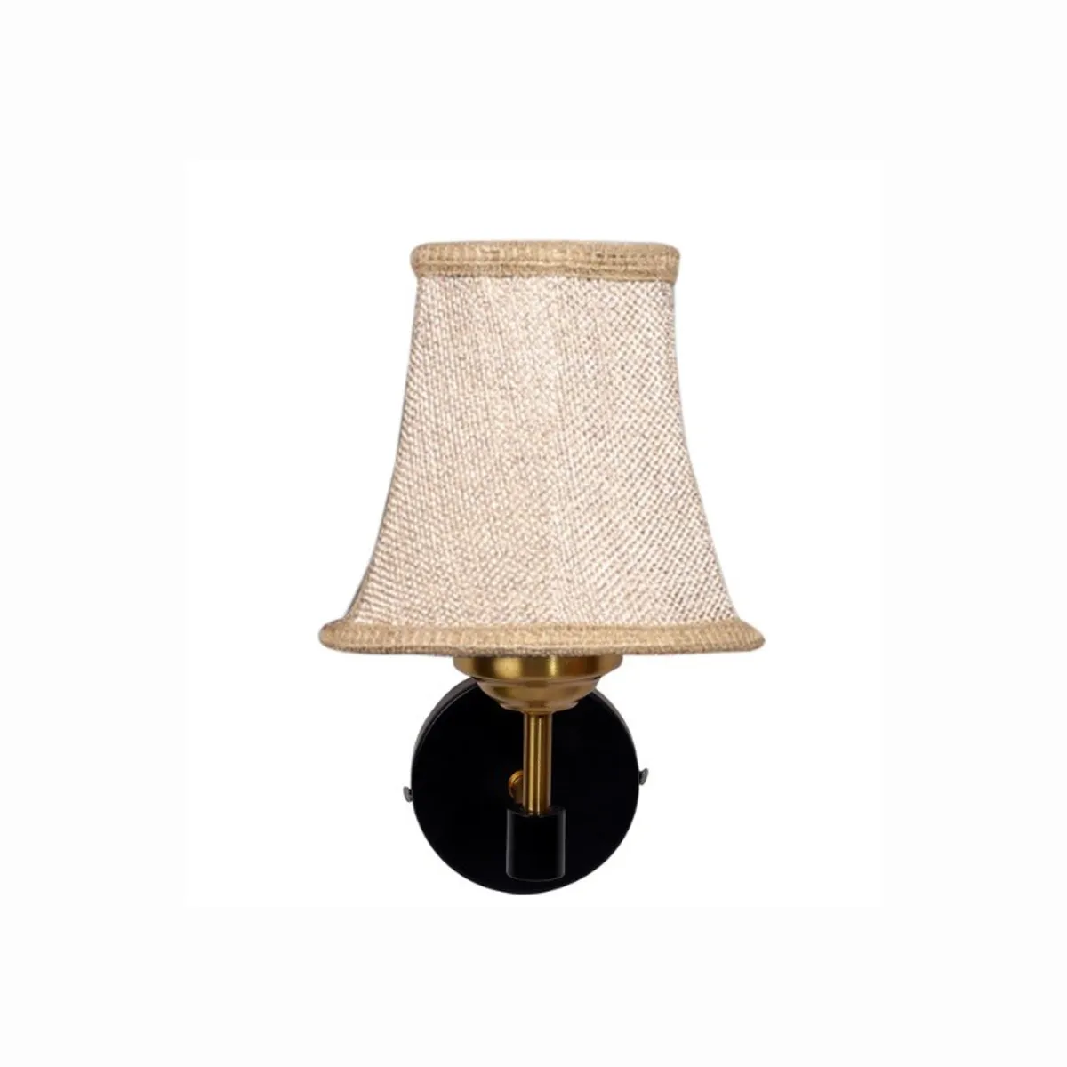 Rear view of the round black wall-mounted base and beige jute shade