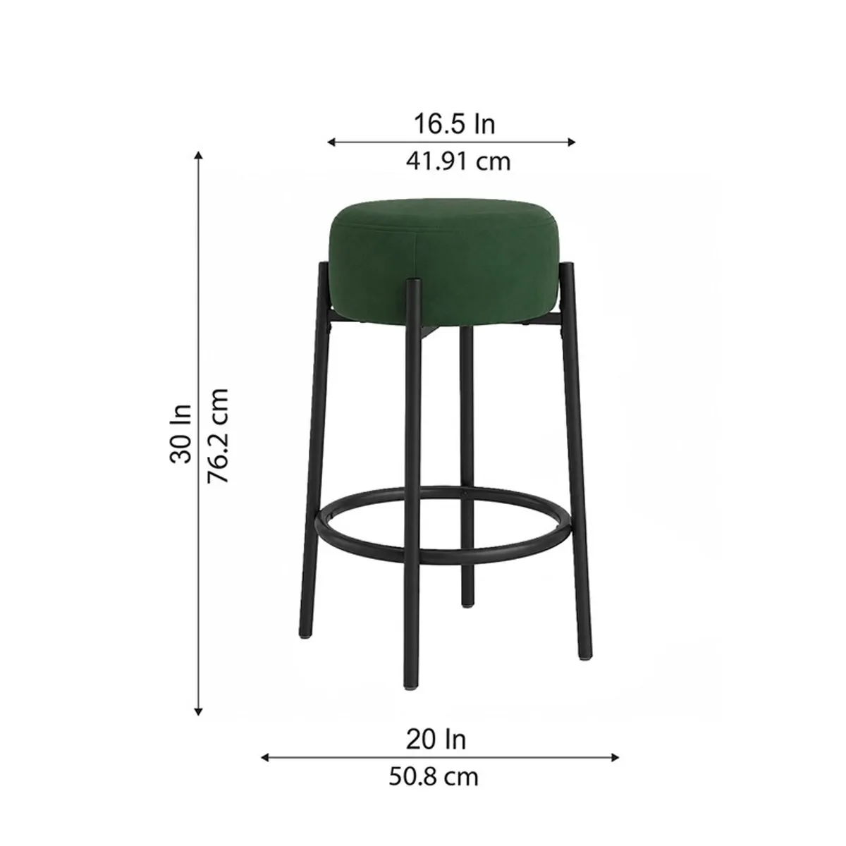 Green bar stool with black frame shown with printed dimensions