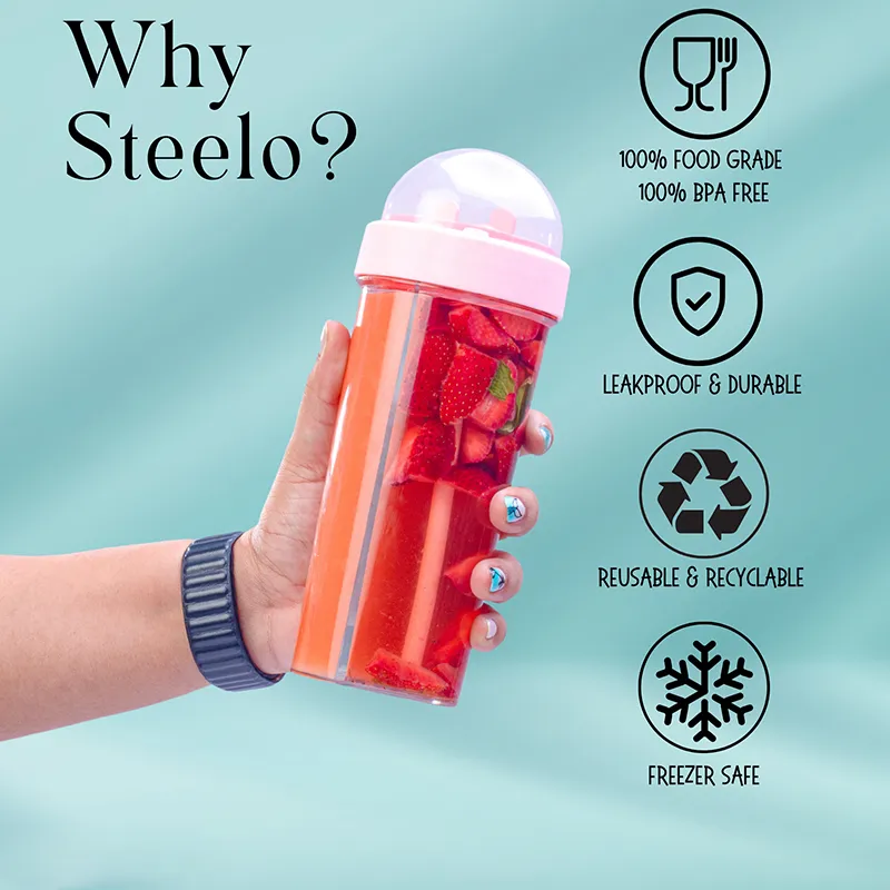 Person holding a clear bottle with fruit pieces and a leak-proof design