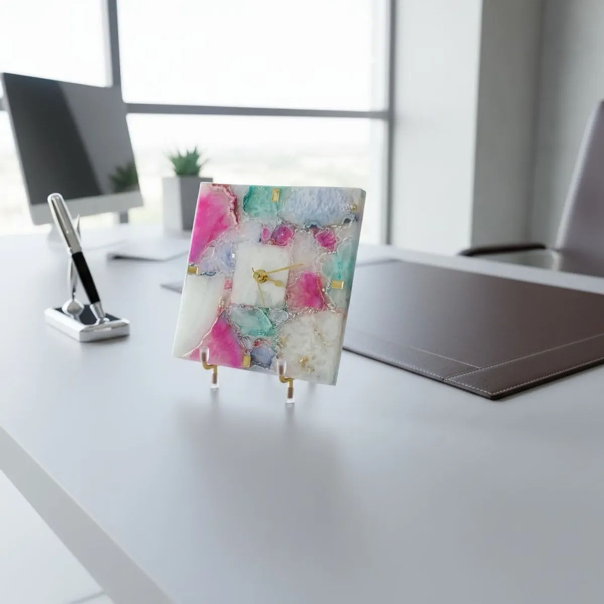 Angled view of square agate table clock on a desk with a small metal stand
