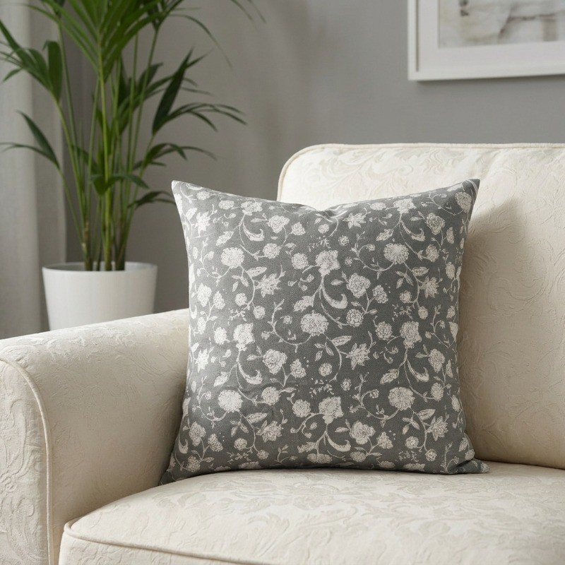 Daisy Drift Printed Cotton Cushion Cover - Grey,White