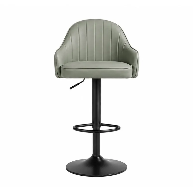 Front view of a grey ribbed bar chair with black metal pedestal base