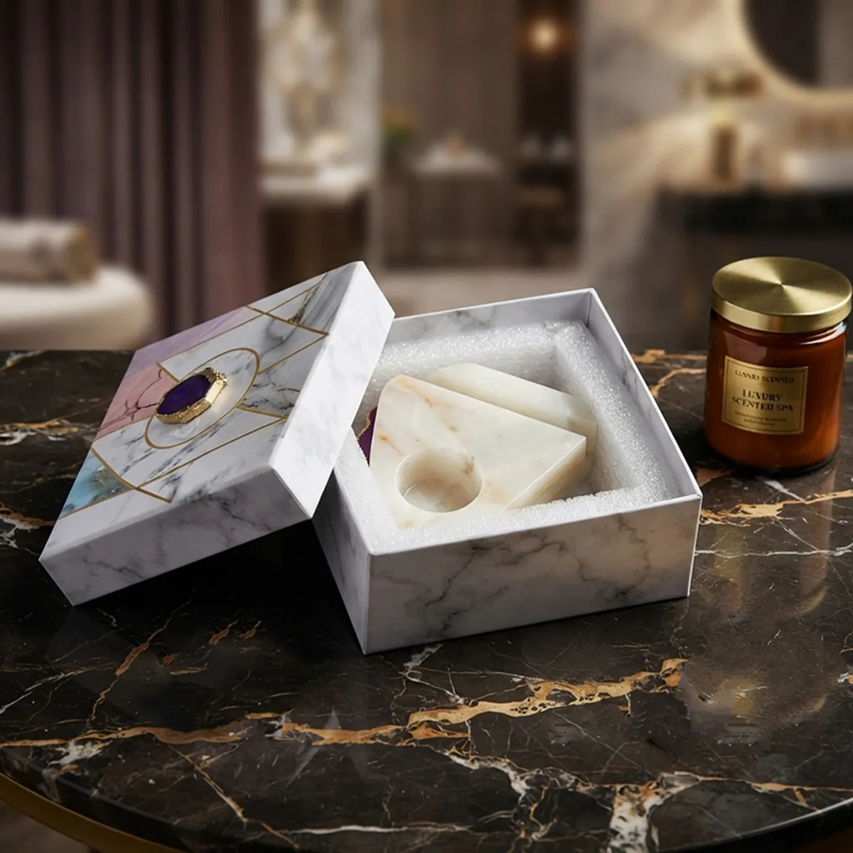 Tealight holder displayed in an open decorative box beside a candle jar