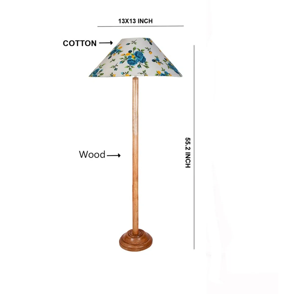 Floor lamp with floral shade shown in a dimension-style product graphic