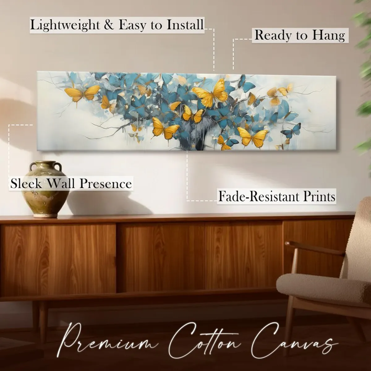 Panoramic butterfly canvas displayed above a wooden console in a warm-toned room