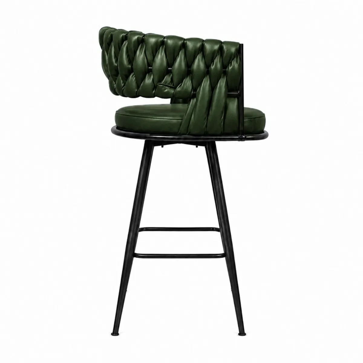 Side view of the green bar stool showing its textured backrest, seat and black legs.