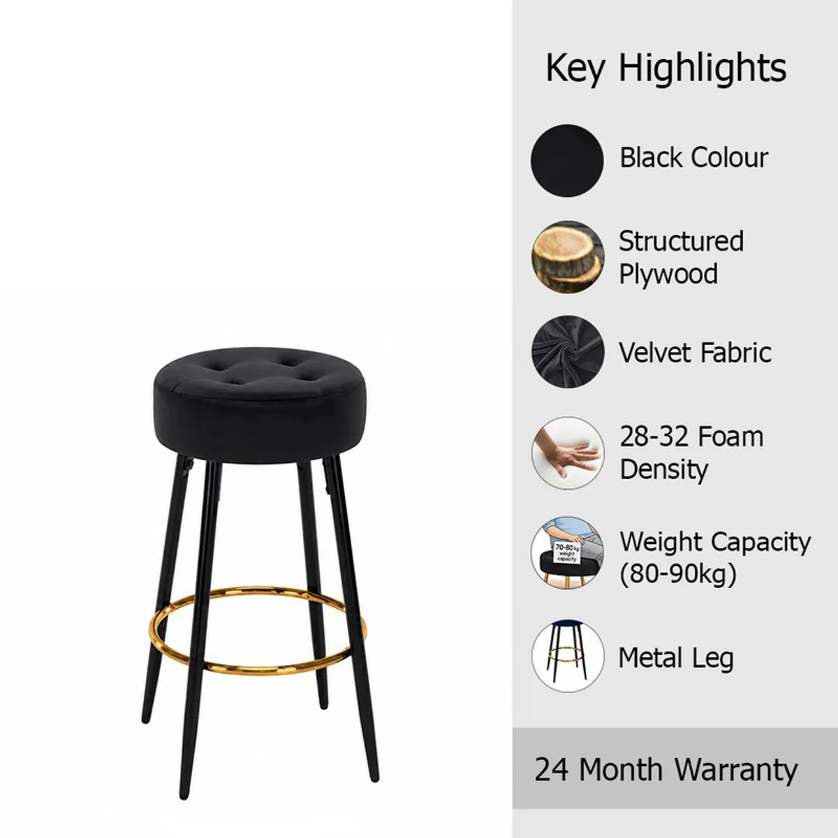 Black round bar stool with tufted seat on a white background