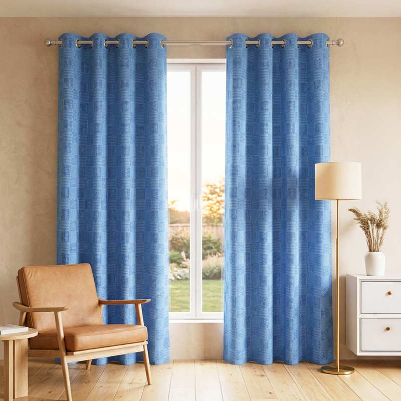 Meya Self Design Cotton Curtains (Blue) - Set of Two - Window - 5 Feet