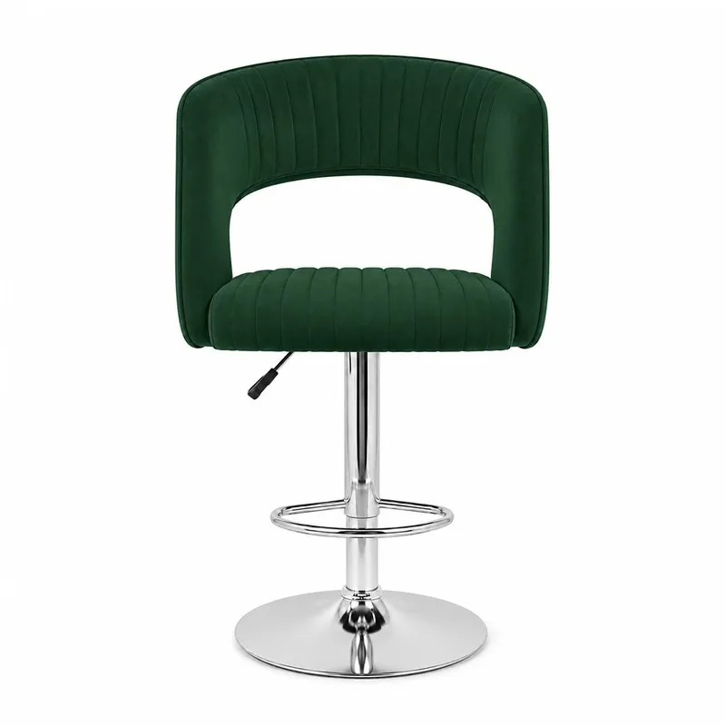 Front view of green upholstered bar chair with ribbed seat and chrome footrest