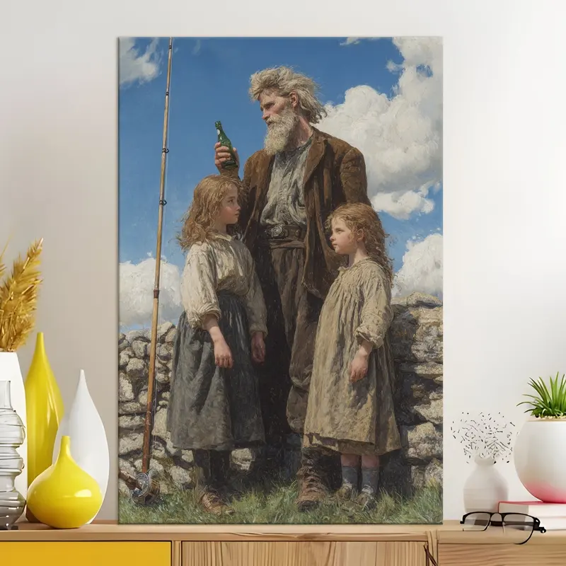 Seaside Fisherman and Children Canvas Wall Painting