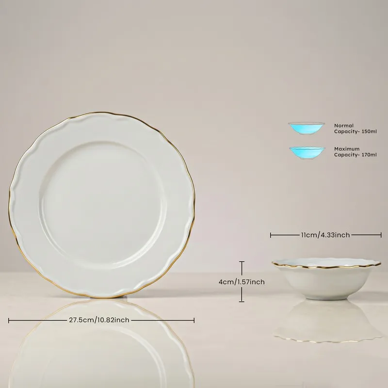 White plate and bowl with gold rim shown with size graphics