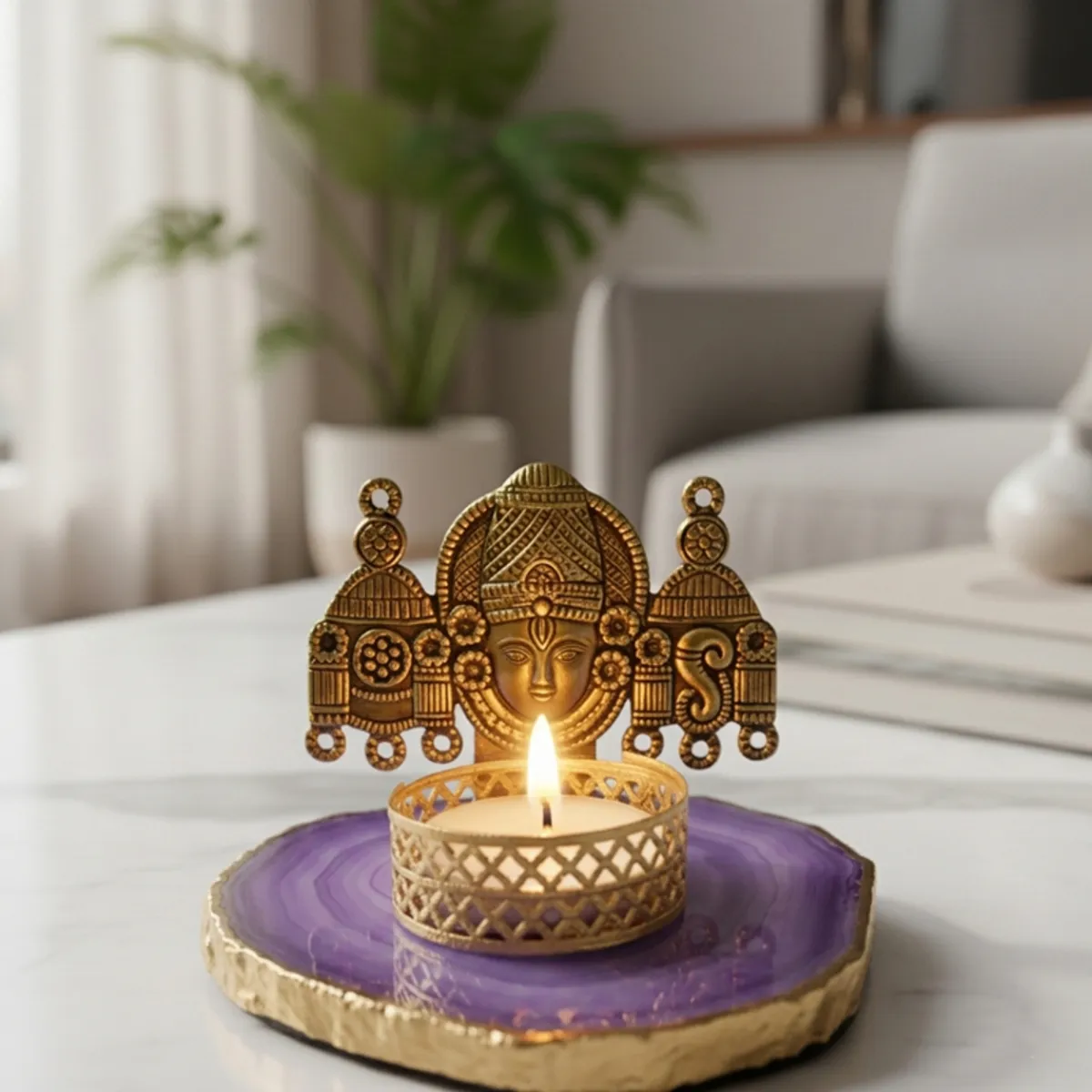 Purple agate tea light holder styled on a white living room table