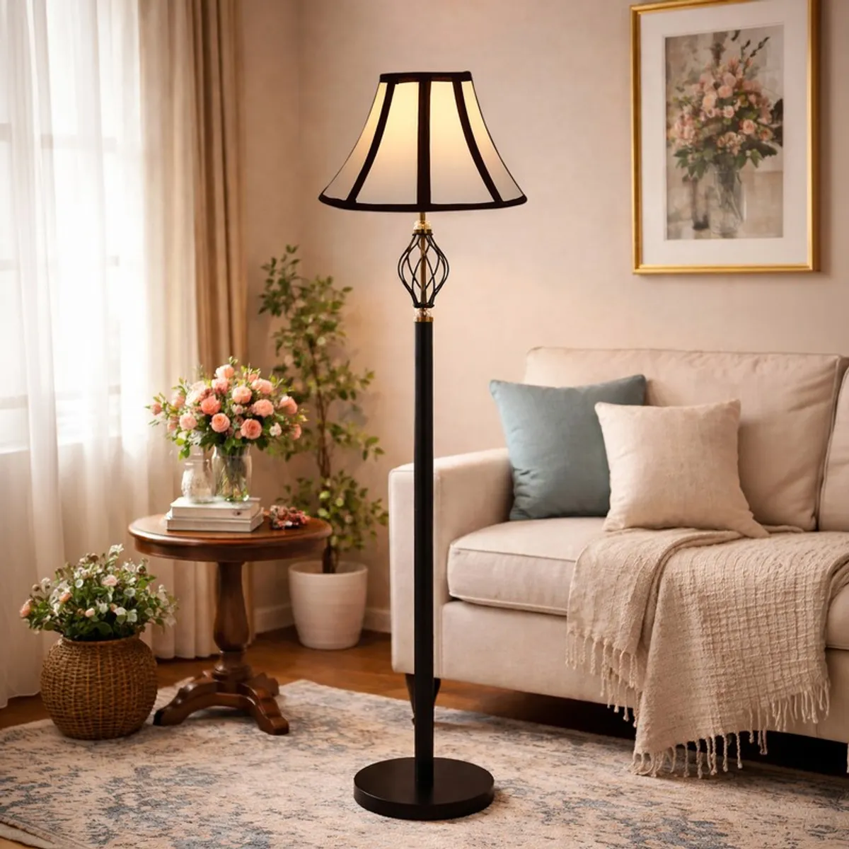 Black floor lamp with white paneled shade styled beside a cream sofa and floral decor