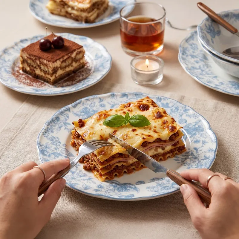 Blue and white floral dinner plate serving lasagne on a dining table