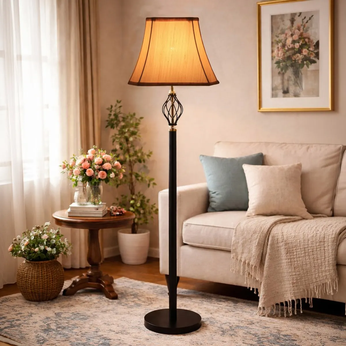 Traditional floor lamp with beige shade styled beside a cream sofa