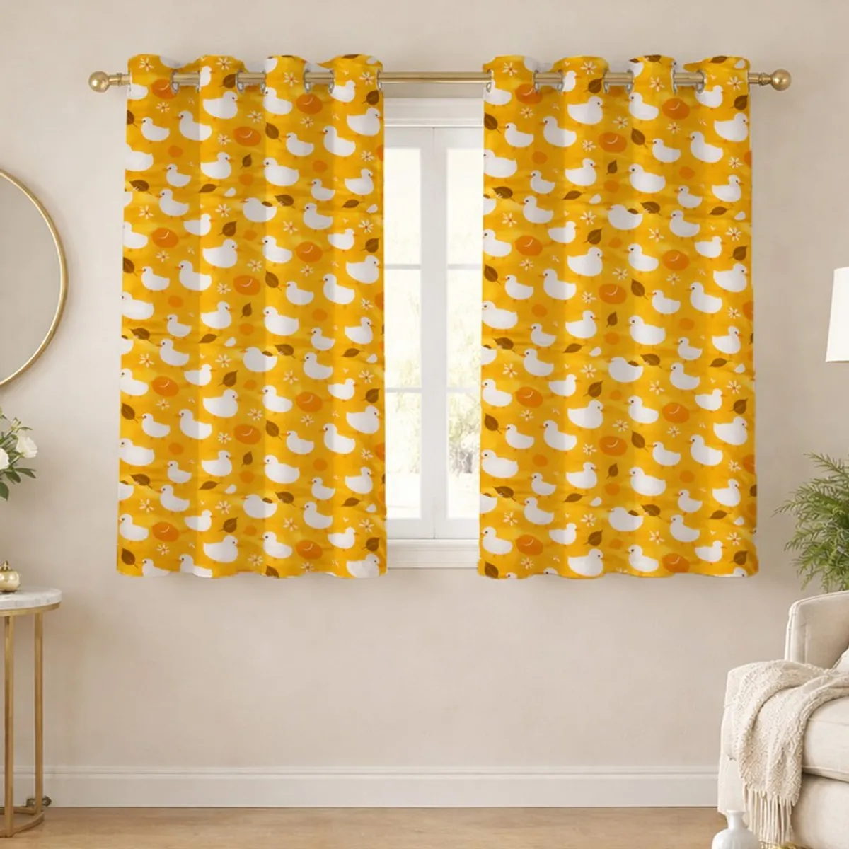 Yellow duck print curtains styled on a window in a bright room