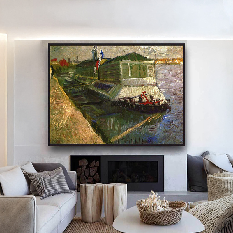 Riverside Houseboat Canvas Wall Painting With Frame - Medium