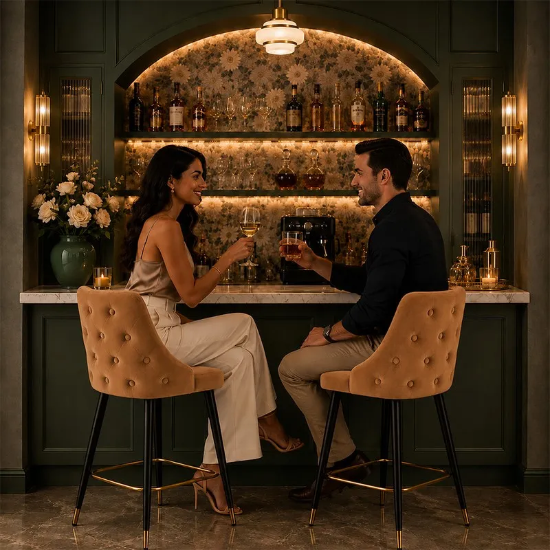 Two brown tufted bar chairs placed at a home bar setting