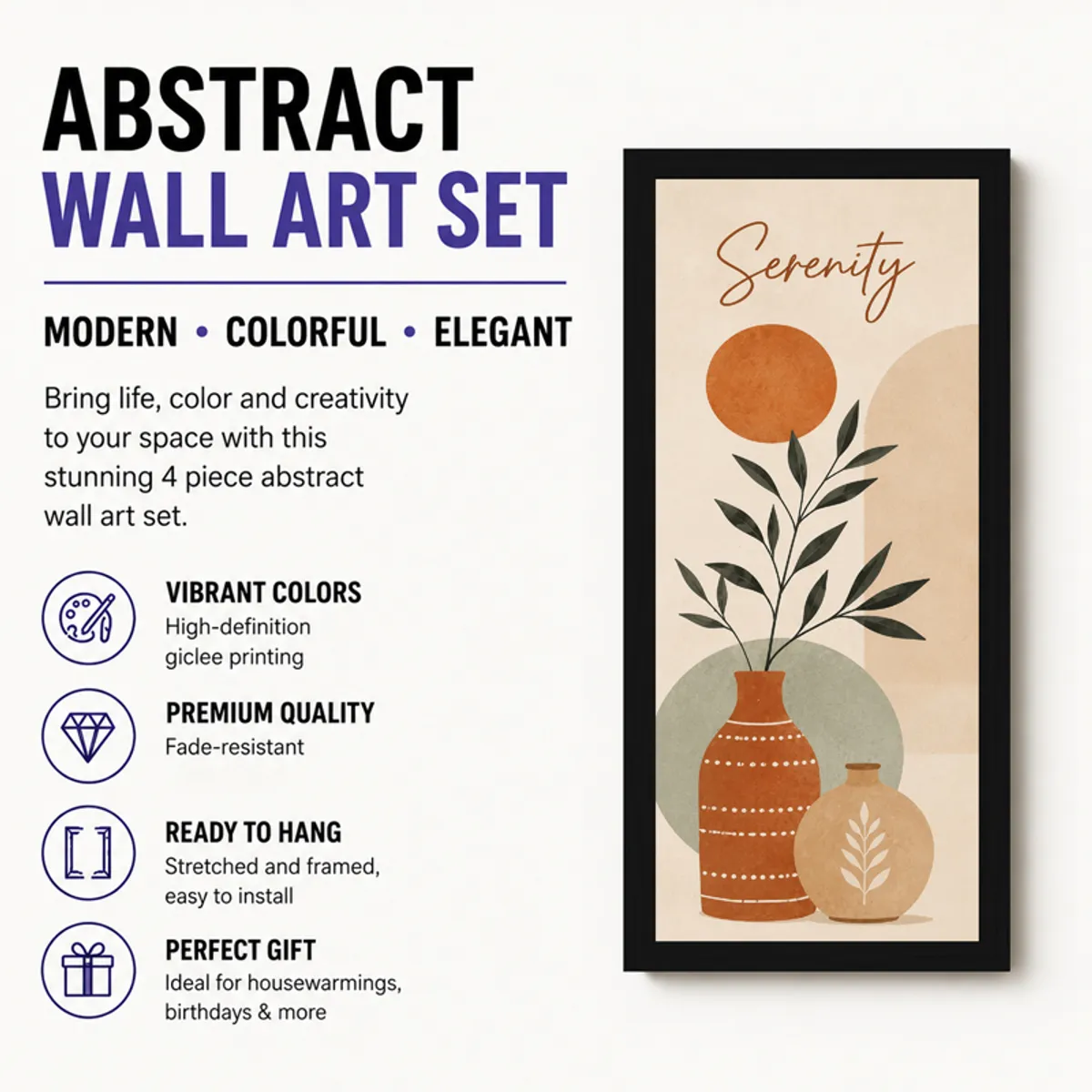 Promotional layout with one framed abstract botanical print beside feature icons.