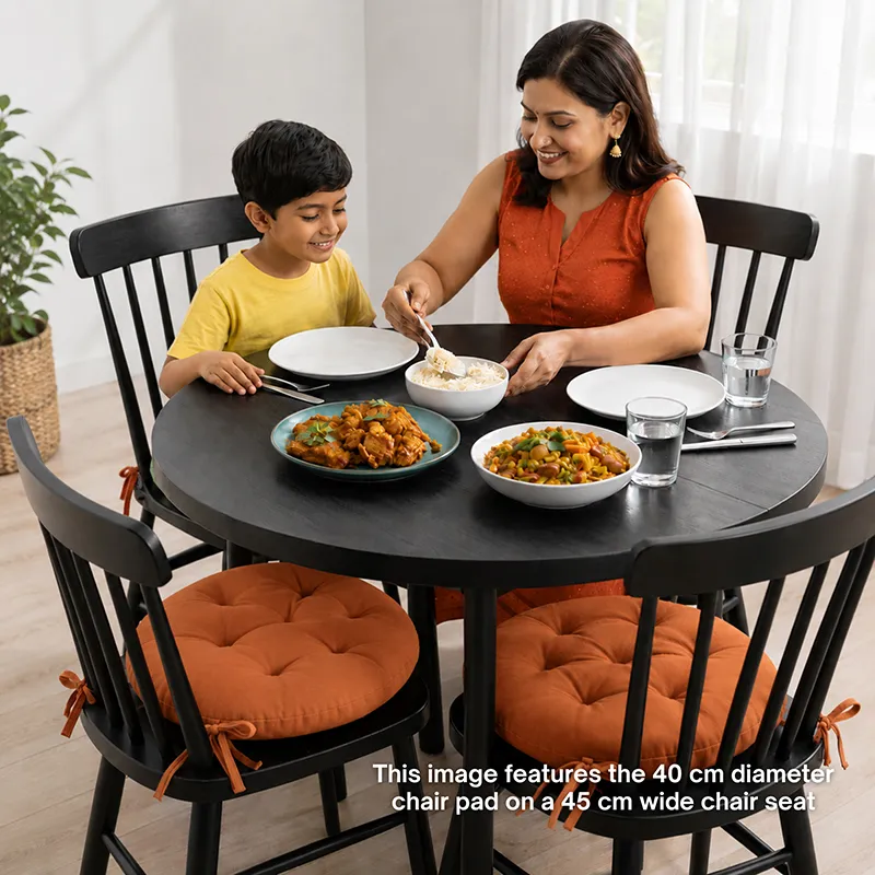 Brown round chair pads used on black dining chairs around a table