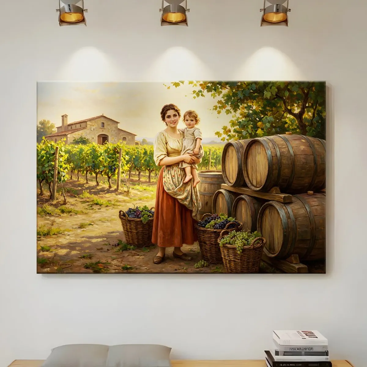 Mother and child vineyard painting hung on a wall under three spotlights