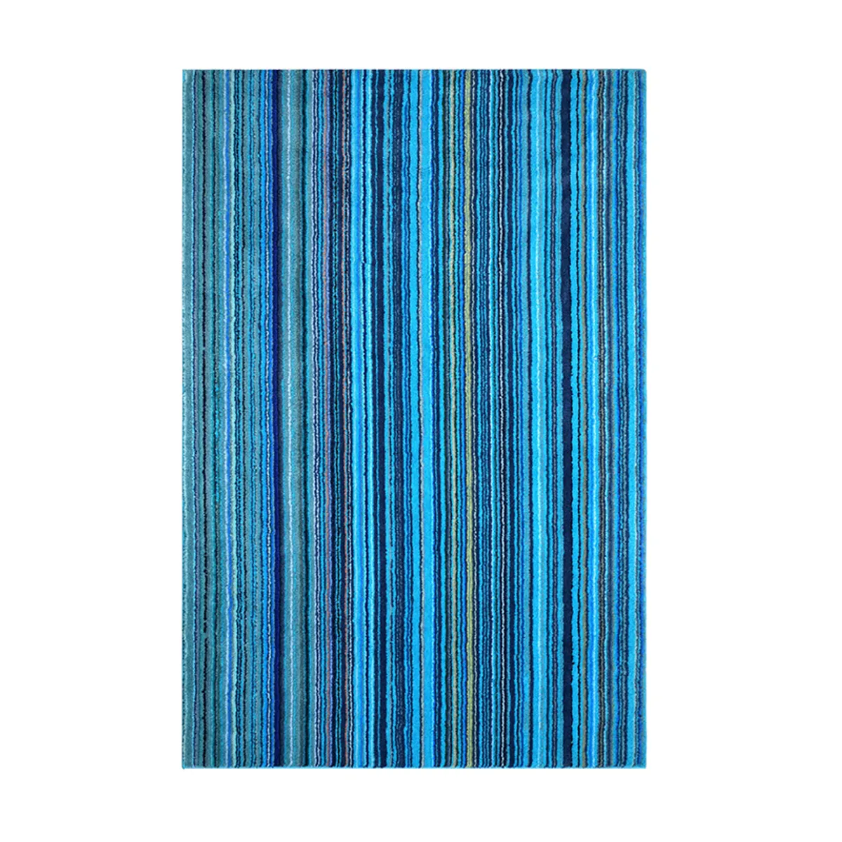 Rectangular blue carpet with contemporary vertical stripes on a white background