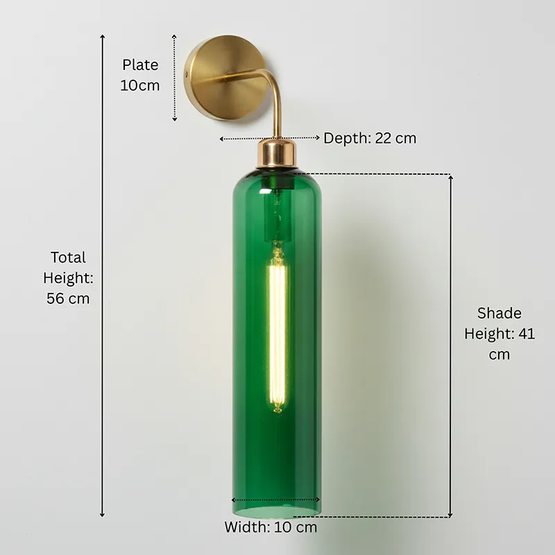 Green glass wall lamp with annotated dimensions shown in the image