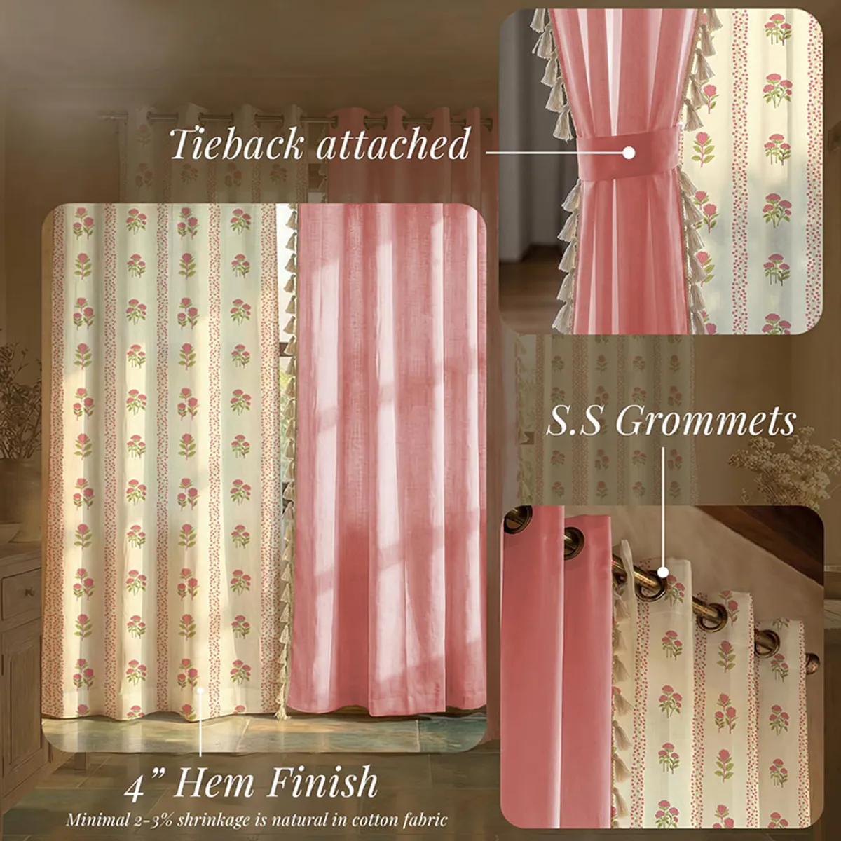 Pink curtain panel shown with decorative tassels along the side.