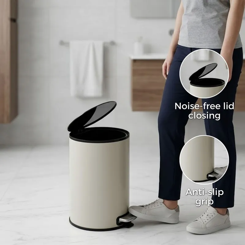 Beige pedal dustbin with lid open in a bathroom setting