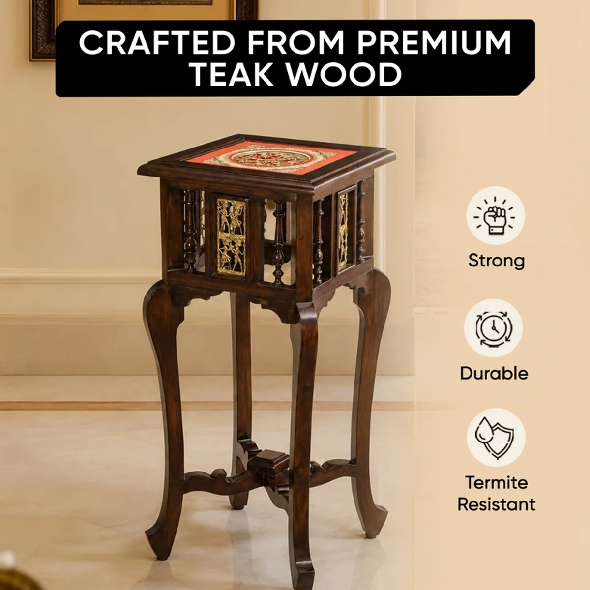 Dark teak wood side table shown with a glossy finish and decorative panel details.