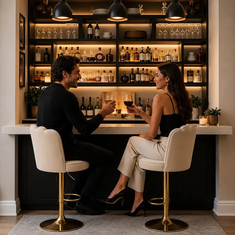 Two beige velvet bar chairs with gold-tone bases placed at a home bar