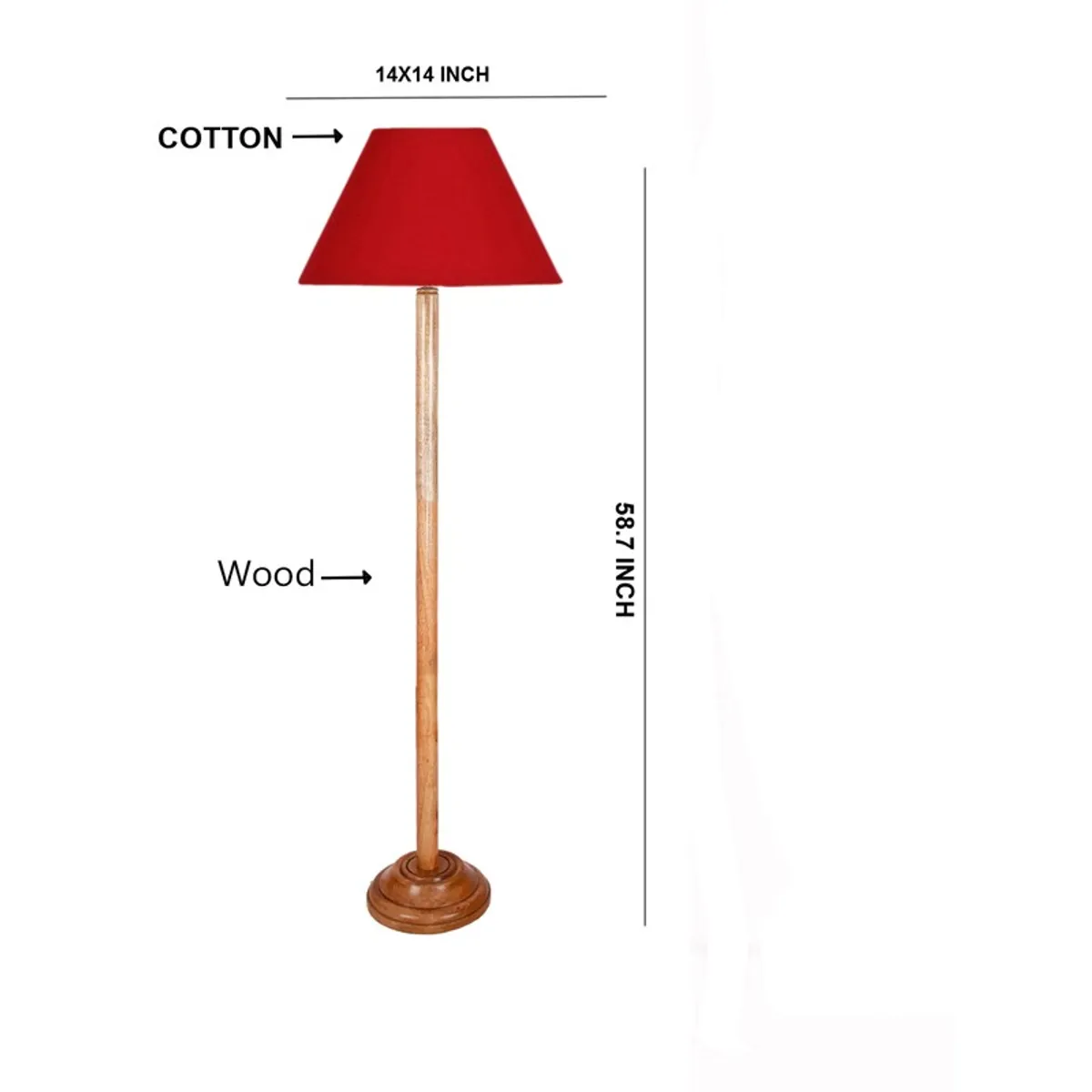 Wooden floor lamp with red conical shade shown in a dimension-style layout