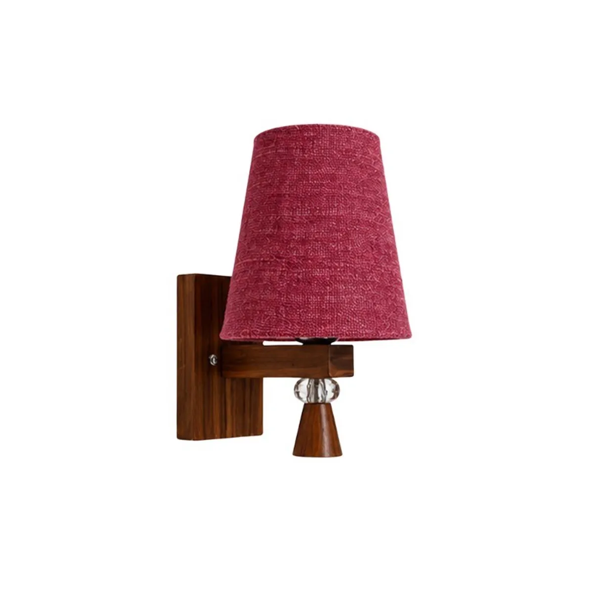 Side view of the pink jute shade and brown wood wall lamp base