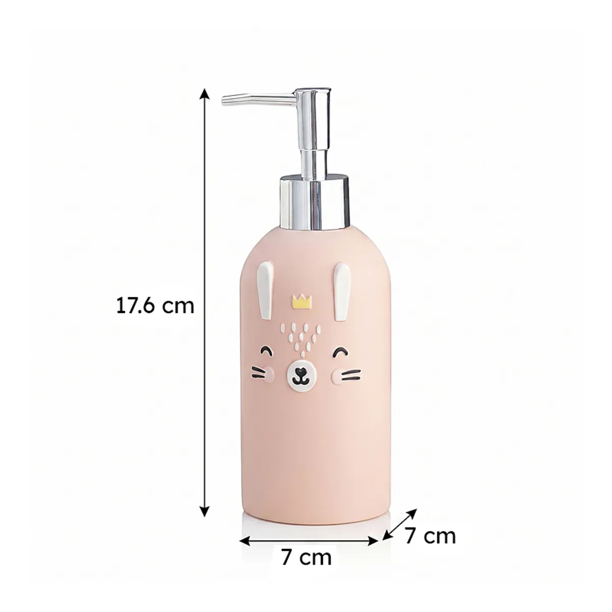 Peach bunny-themed soap dispenser with dimension arrows on white background