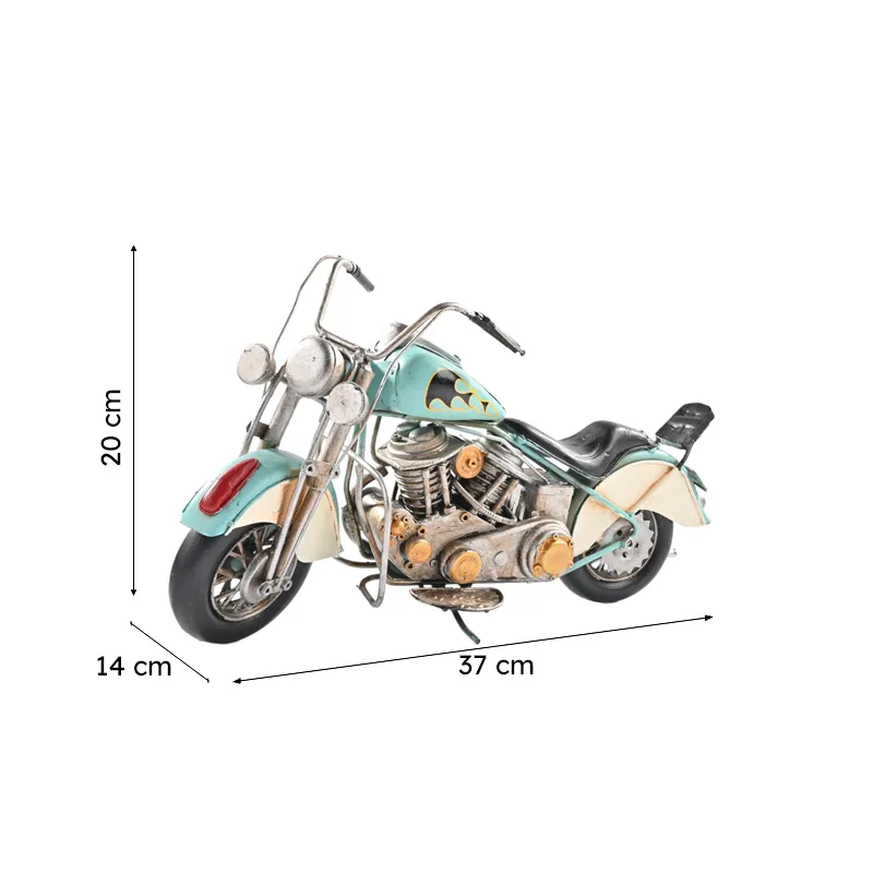 Blue motorcycle showpiece with dimensions shown against a white background