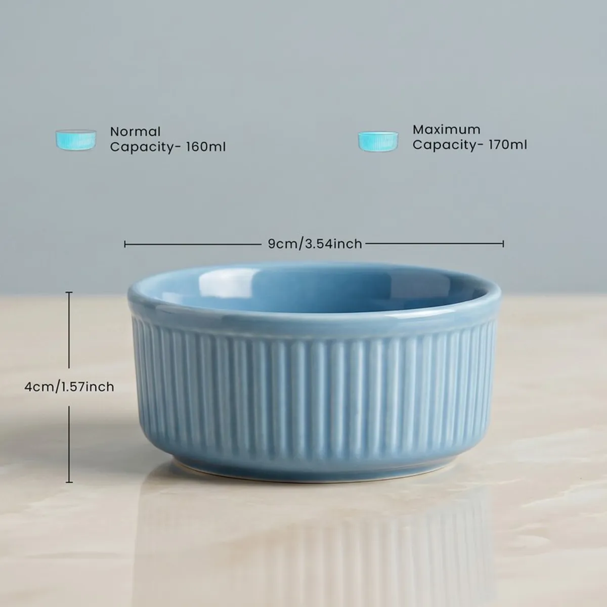Close-up of a blue ribbed snack bowl