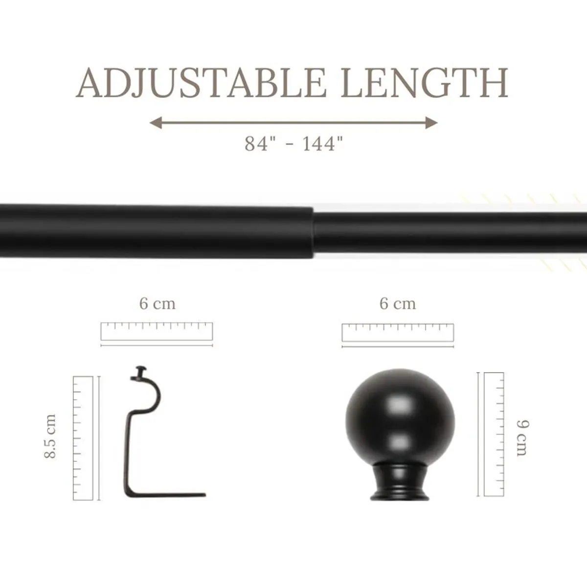 Black extendable curtain rod with round finial and bracket detail.
