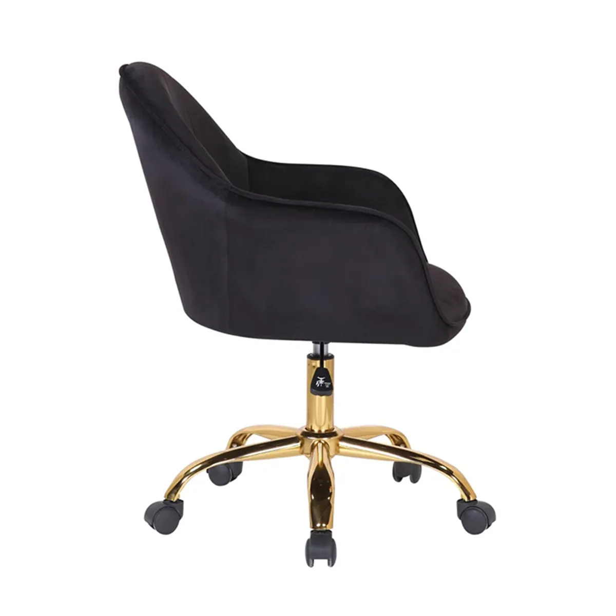 Side view showing the curved back and arm of a black velvet office chair