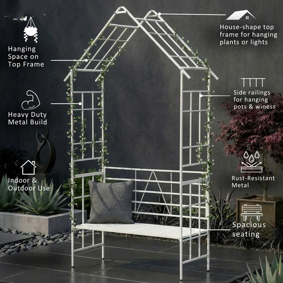 White house-shaped garden structure with railings and hanging spaces