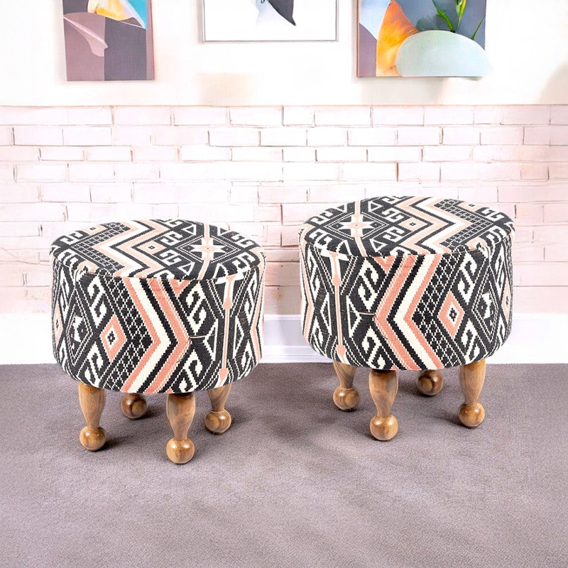 Fverix Acacia Wooden Ottomans (Multicolor) - Set Of Two