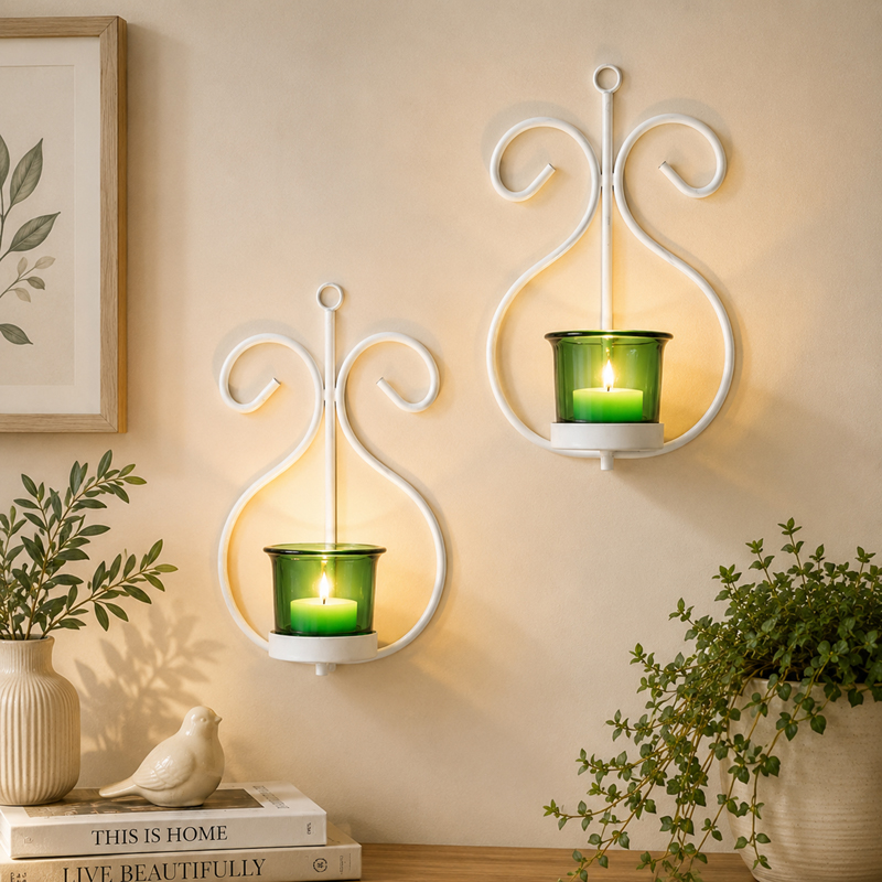 Seina White Frame Sconce Candle Holder (Green) - Set Of Two