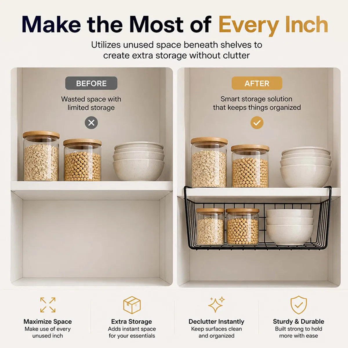 Black under-shelf rack shown in a pantry cabinet to create extra storage space