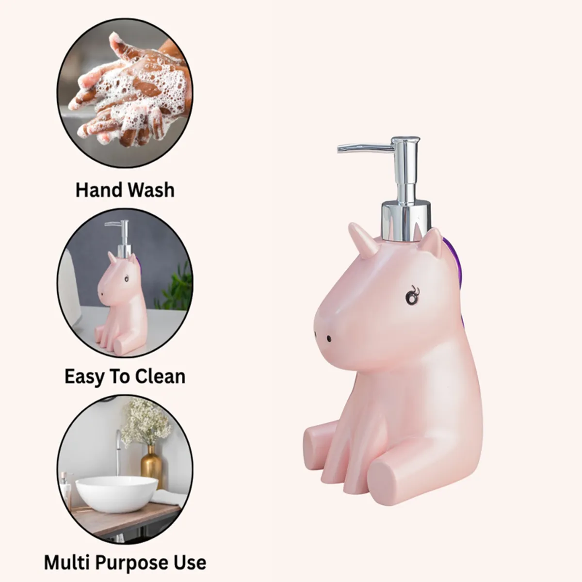 Pink unicorn soap dispenser with feature callouts on a light background